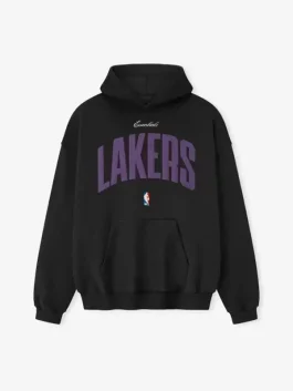 Front view of Fear of God x NBA Black 90’s Hoodie with pullover hood and front pocket