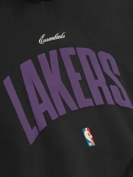 Close-up of Lakers black 90s pullover hoodie showing fabric texture, stitching detail and ribbed cuff finish
