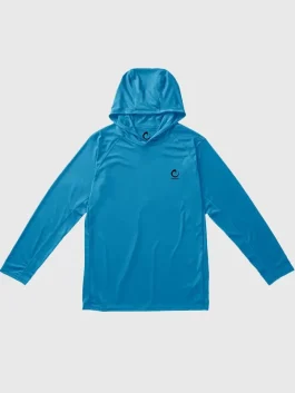 Close up of fleece fabric on Maduro blue hoodie showing soft texture, warmth, and clean finishing.