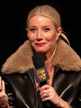 Right side view of Marty Supreme Gwyneth Paltrow black jacket showing fit, sleeve shape, and easy layering style