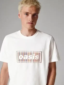 A Mens Oasis White Stripe Logo T-Shirt featuring a classic crew neck design.