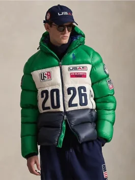 Milano Cortina 2026 puffer Hawthorne jacket in green and white with hooded fit and full zip front for winter wear