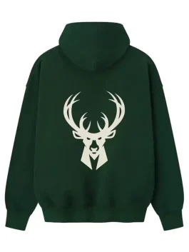 Back view of Milwaukee Bucks green hoodie showing sticker-style graphics on the back with a clean relaxed fit