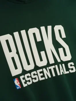 Close-up of Milwaukee Bucks green hoodie front sticker graphics showing print detail and clean fabric finish