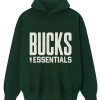 Front view of Milwaukee Bucks Fear of God x NBA green hoodie with sticker-style graphics and pullover hood
