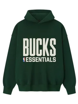 Front view of Milwaukee Bucks Fear of God x NBA green hoodie with sticker-style graphics and pullover hood