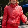 Front view of NYC Rita Ora Valentine jacket with red hearts quilted pattern and zip front style.