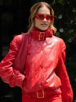 Left side view of NYC Rita Ora Valentine jacket showing quilted heart texture and clean sleeve shape.