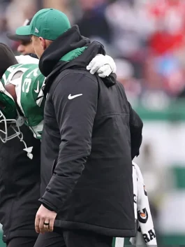 Back view of New York Jets black jacket showing a clean finish, relaxed fit and everyday winter styling