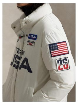 Team USA style 2026 white graphic down puffer jacket for the Milano Cortina winter season.