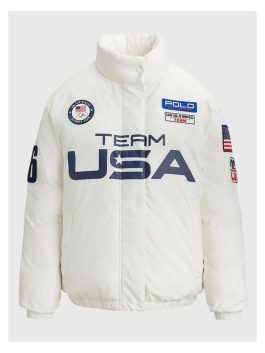 Direct front view of the 2026 Team USA white graphic puffer with a secure mock neck collar.