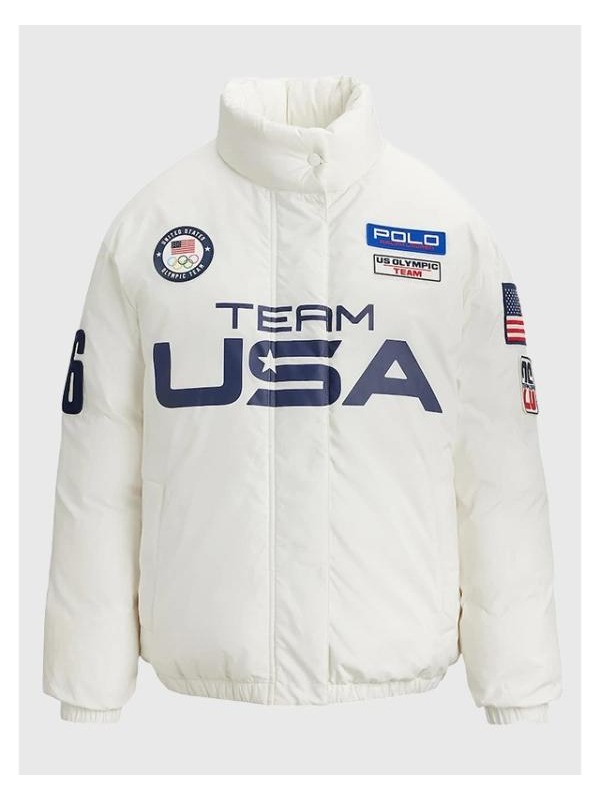 Direct front view of the 2026 Team USA white graphic puffer with a secure mock neck collar.