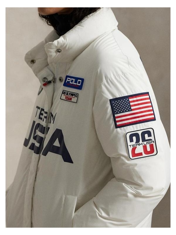 Team USA style 2026 white graphic down puffer jacket for the Milano Cortina winter season.