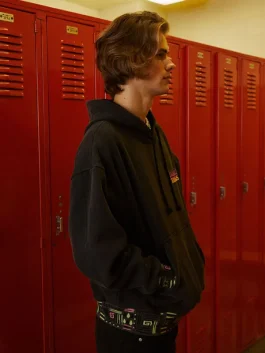 PacSun x Stranger Things Upside Down hoodie close look showing hood shape, stitching and front print detail