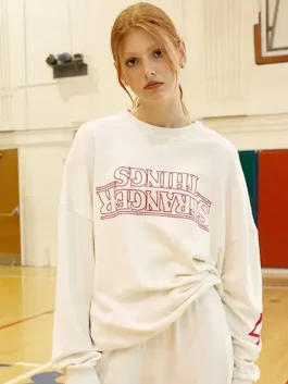 PacSun x Stranger Things Upside Down white crew sweatshirt front view with graphic print and ribbed trims