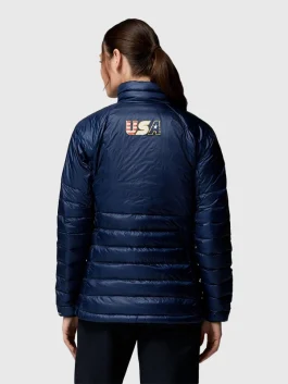 Back view of a navy puffer jacket featuring a 