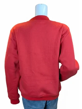 A high-quality red fleece sweatshirt with white varsity-style lettering and a comfortable mock neck collar.