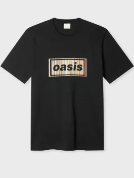Close-up of an Oasis Black Stripe Logo T-Shirt in a minimalist black style.