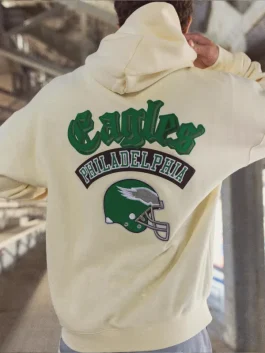 Philadelphia Eagles hoodie in cream color showing full view with cozy hood, front pocket and casual game day look