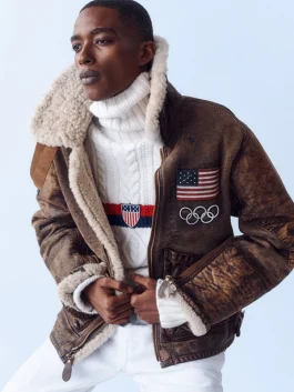Polo Ralph Lauren 2026 Team USA Winter Olympics Brown Leather Flight Jacket front view.