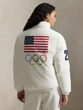 Team USA Olympics 2026 white down puffer jacket view showing winter padding and an easy fit for travel and cold days