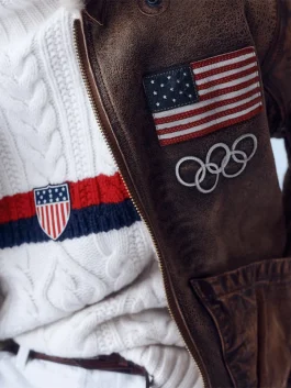 Ralph Lauren Team USA Brown Leather Flight Jacket for 2026 Winter Olympics.