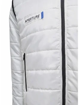 A white Portal 2 puffer jacket featuring the Aperture Science logo and 