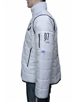 Side view of a quilted white puffer jacket made from parachute fabric with a stand-up collar.