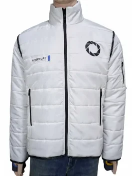 Product listing for the Portal 2 white puffer jacket showing a discounted price and international shipping options.