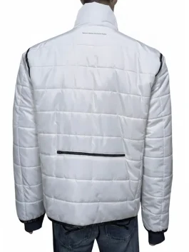 A trendy white quilted puffer jacket with sci-fi gaming accents and vertical zipper pockets.
