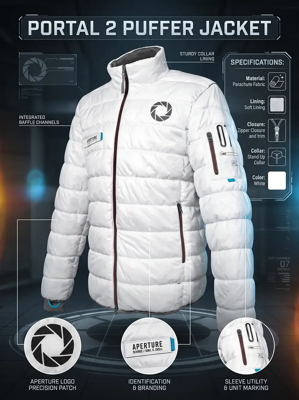 An infographic detailing a white Portal 2 puffer jacket featuring integrated baffle channels, a stand-up collar with sturdy lining, an Aperture Science logo patch, and a sleeve utility pocket with unit marking.