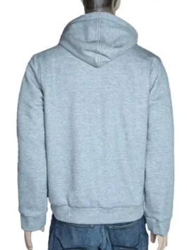 Rear view of the washed grey Quality Learning Center Hoodie showing its plain, unstructured fleece back and deep cozy hood structure.