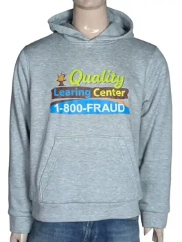 Front view of a washed grey heavyweight hoodie featuring a blue arched "QUALITY LEARNING CENTER" text logo and a vintage cartoon rabbit graphic.
