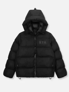 A heavy, black quilted puffer jacket featuring a large hood and a subtle, tonal "RTA" logo printed on the left chest.