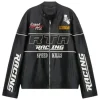 Black leather racing jacket with white "RTA RACING" and "SPEED KILLS" text. Features various patches, "Grand Prix" logo, and white "RACING" text on the sleeves.