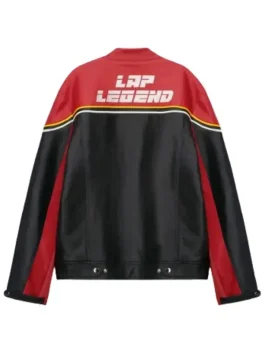 The back of a red and black leather jacket with a white horizontal stripe and bold white 