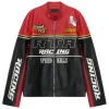 A red and black leather racing jacket featuring white "RTA RACING" and "SPEED KILLS" graphics. Includes "Grand Prix" patches and "RACING" text along the sleeves.