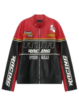 A red and black leather racing jacket featuring white 