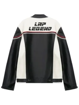 The back of the white and black jacket featuring black 