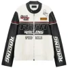 A white and black leather racing jacket with a black chest band, "RTA RACING" logo, and "SPEED KILLS" text centered on the lower white panel.