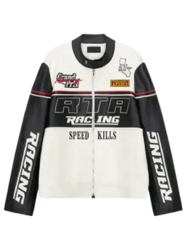 A white and black leather racing jacket with a black chest band, 