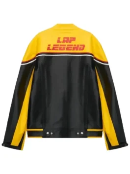 The back of a yellow and black leather jacket with bold red 