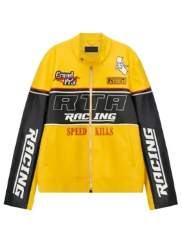 A yellow and black leather racing jacket with a black chest band featuring 