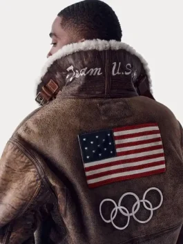 Back view of Team USA Olympics 2026 shearling jacket showing overall length, clean back finish and winter fit