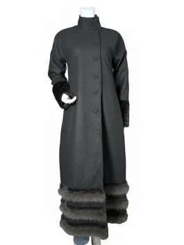 A floor-length A-line brown wool coat with tiered fur detailing, inspired by Rama Duwaji's 2026 inauguration look.