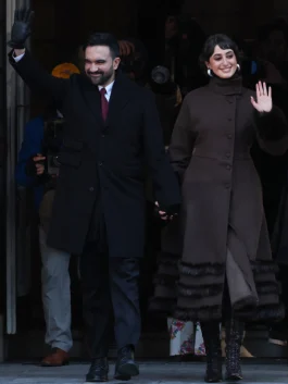 Rama Duwaji ceremonial inauguration 2026 long coat style with a formal look and elegant silhouette.