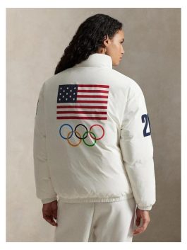 Full back view of the 2026 Milano Cortina white puffer jacket featuring the iconic Olympic Rings.