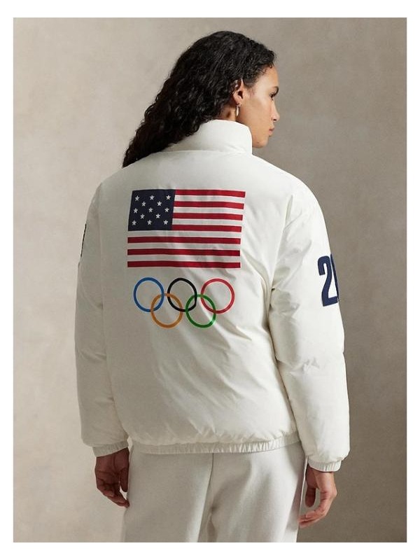 Full back view of the 2026 Milano Cortina white puffer jacket featuring the iconic Olympic Rings.
