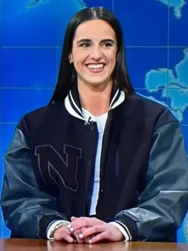 SNL-Caitlin-Clark-Black-Varsity-Jacket-Closeup.