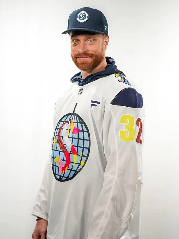 Side view of Seattle Kraken Pride Jersey showing rainbow sleeve details and premium athletic stitching by J4 Jackets.